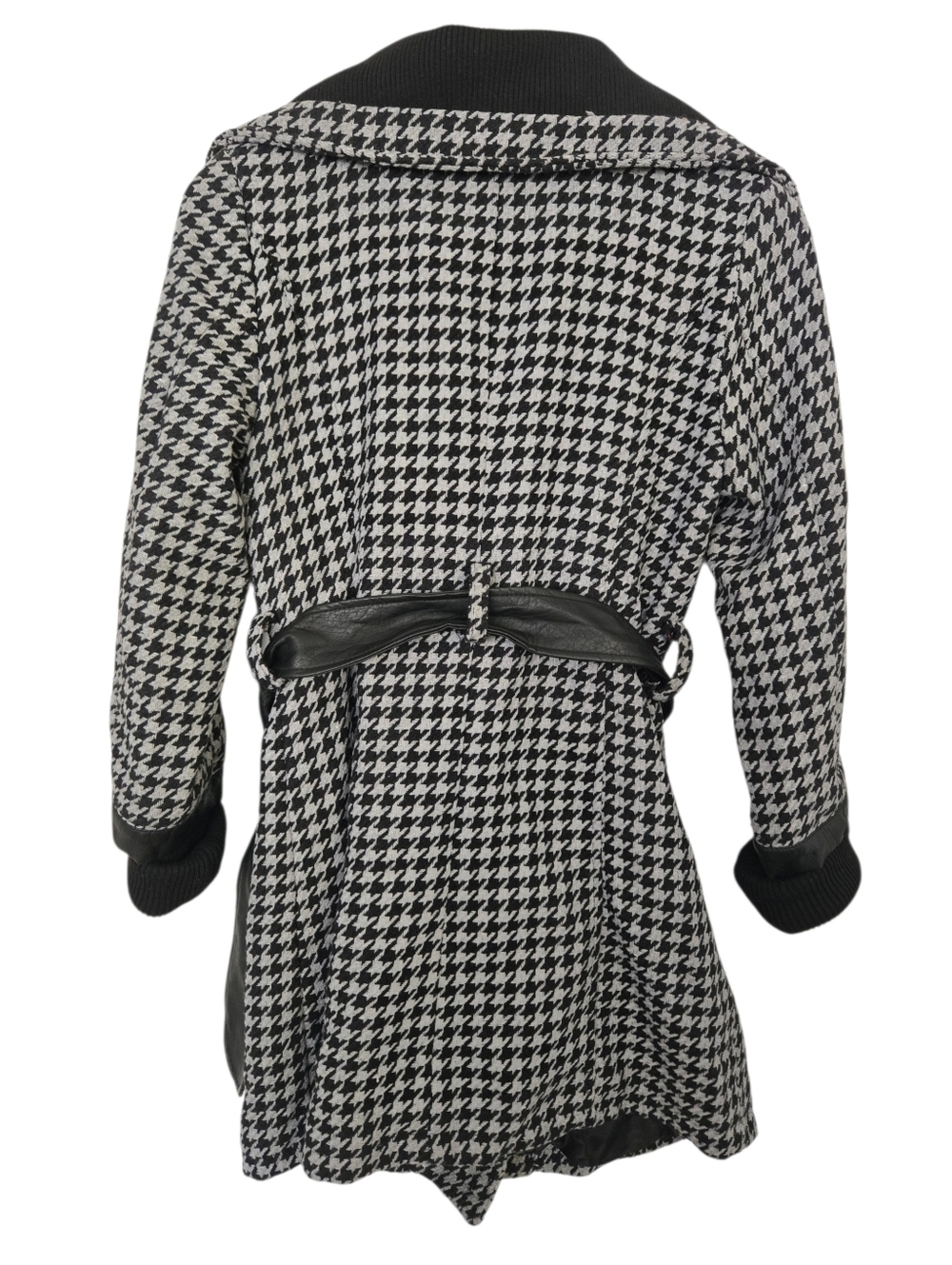 Y2K YOKI Houndstooth Belted Coat Black White Faux Leather Trim Medium - Picture 6 of 10